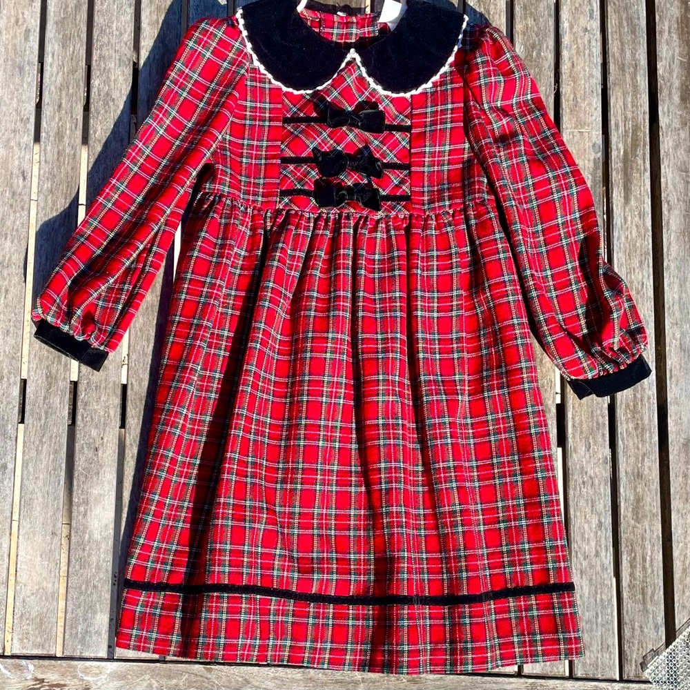 6X Bonnie Jean Plaid Checked Tartan Dress with Velvet Peter Pan Collar and Bows